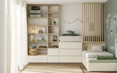 Dormitorio juvenil con cama alta, cama nido y armario grande.